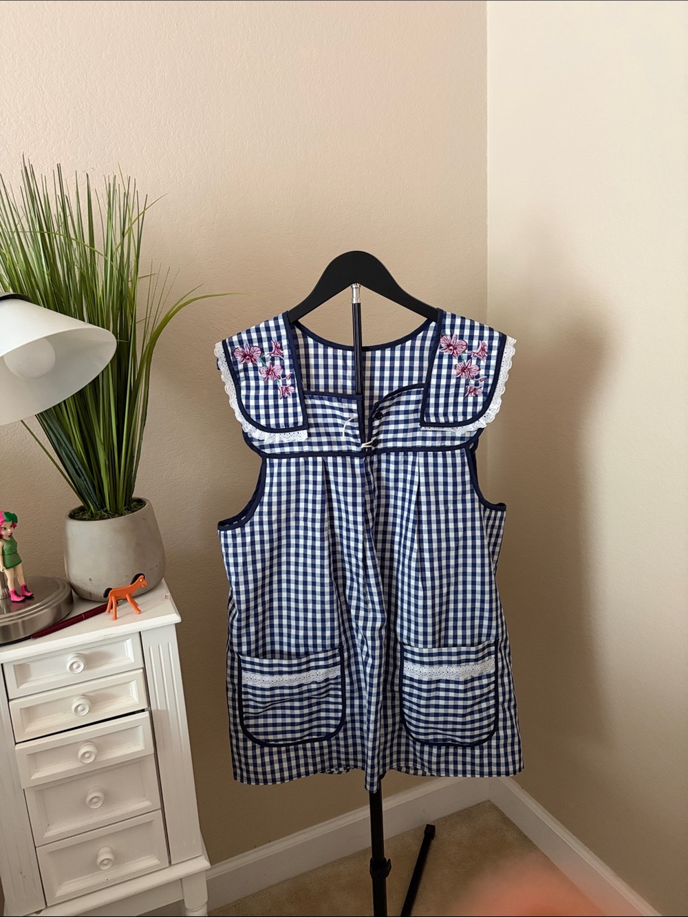 Mexican style Navy Blue Gingham apron with Embroidered Collar
